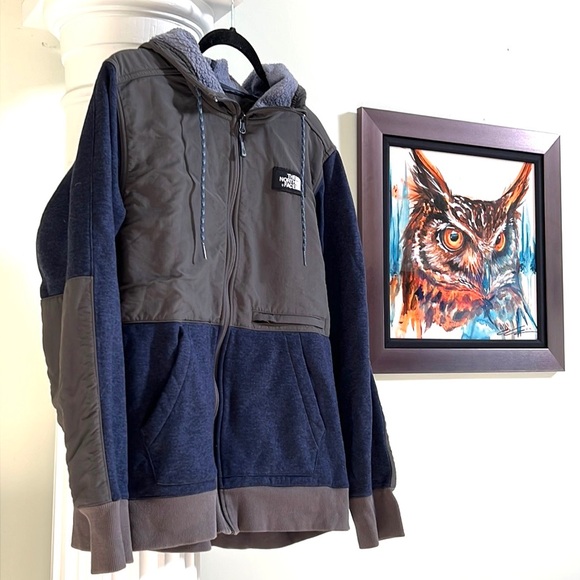 The North Face Men's Tech Sherpa Hoodie Dark Gray and Blue Large Fleece Lined ❄️ - Picture 6 of 12
